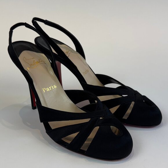 Louboutin Black Satin Cross Front Slingback Heels, EU 40.5 - Picture 1 of 16